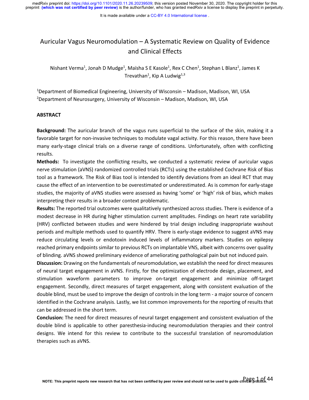 Auricular Vagus Neuromodulation – a Systematic Review on Quality of Evidence and Clinical Effects