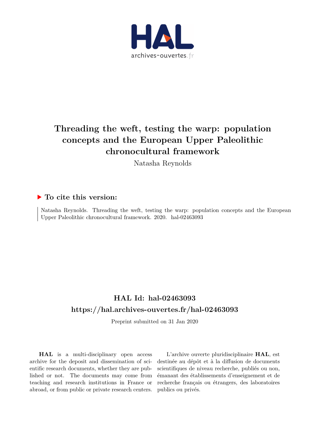 Population Concepts and the European Upper Paleolithic Chronocultural Framework Natasha Reynolds