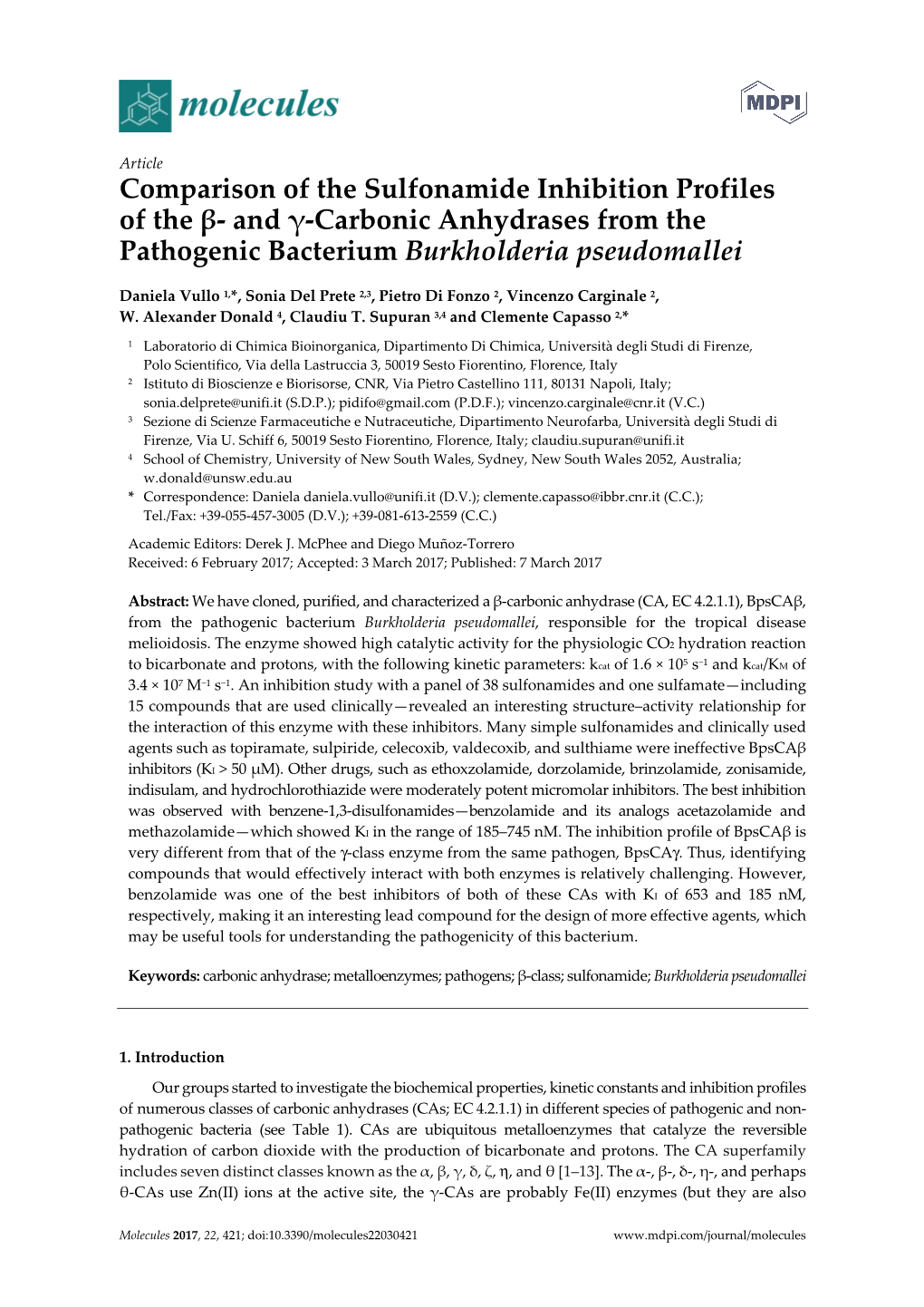 Comparison of the Sulfonamide Inhibition Profiles of the Β- and Γ-Carbonic Anhydrases from the Pathogenic Bacterium Burkholderia Pseudomallei