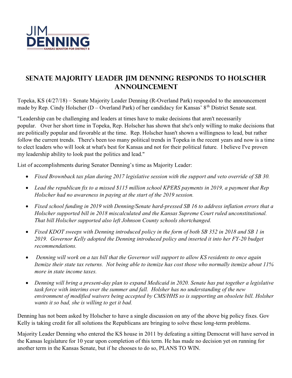 Senate Majority Leader Jim Denning Responds to Holscher Announcement