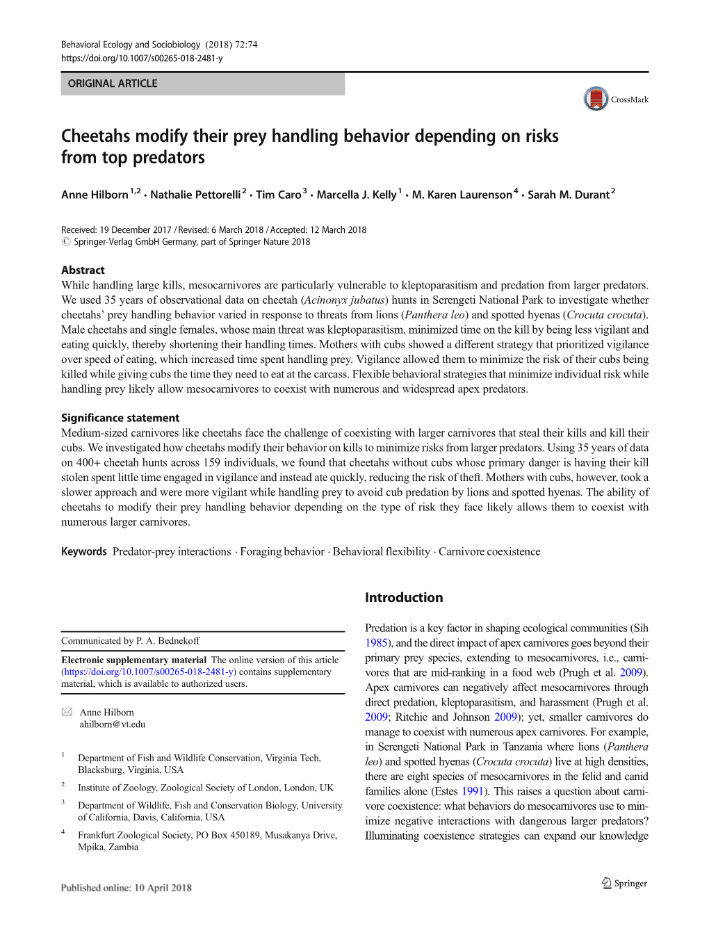 Cheetahs Modify Their Prey Handling Behavior Depending on Risks from Top Predators