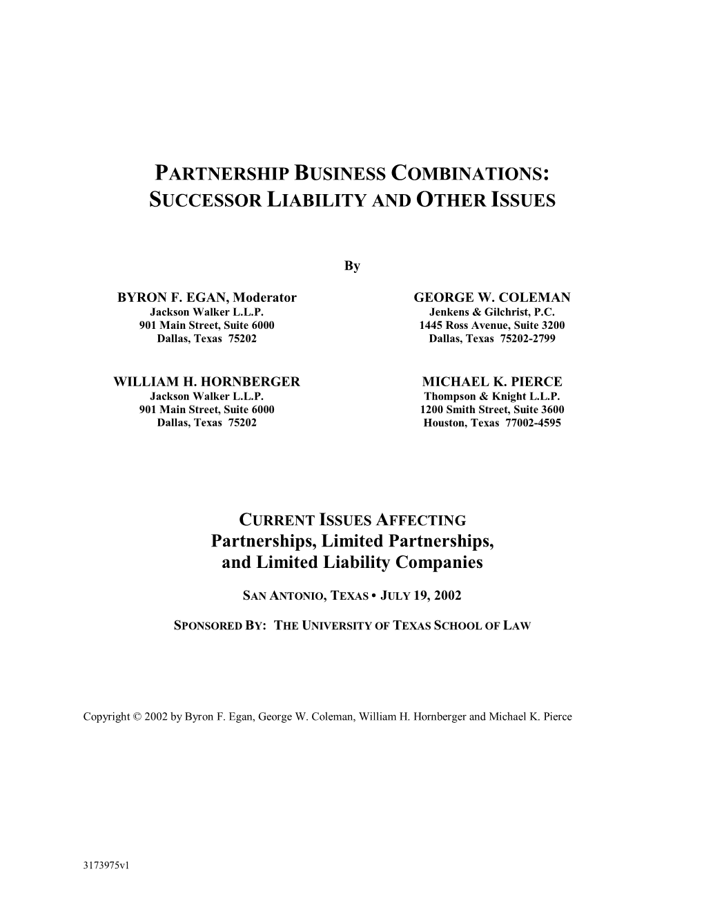 Partnership Business Combinations: Successor Liability and Other Issues