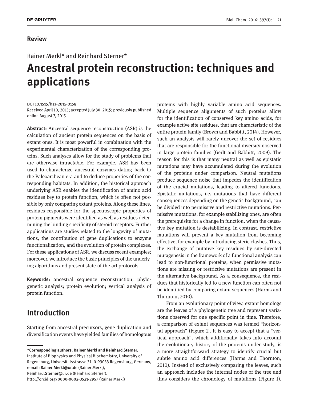 Ancestral Protein Reconstruction: Techniques and Applications