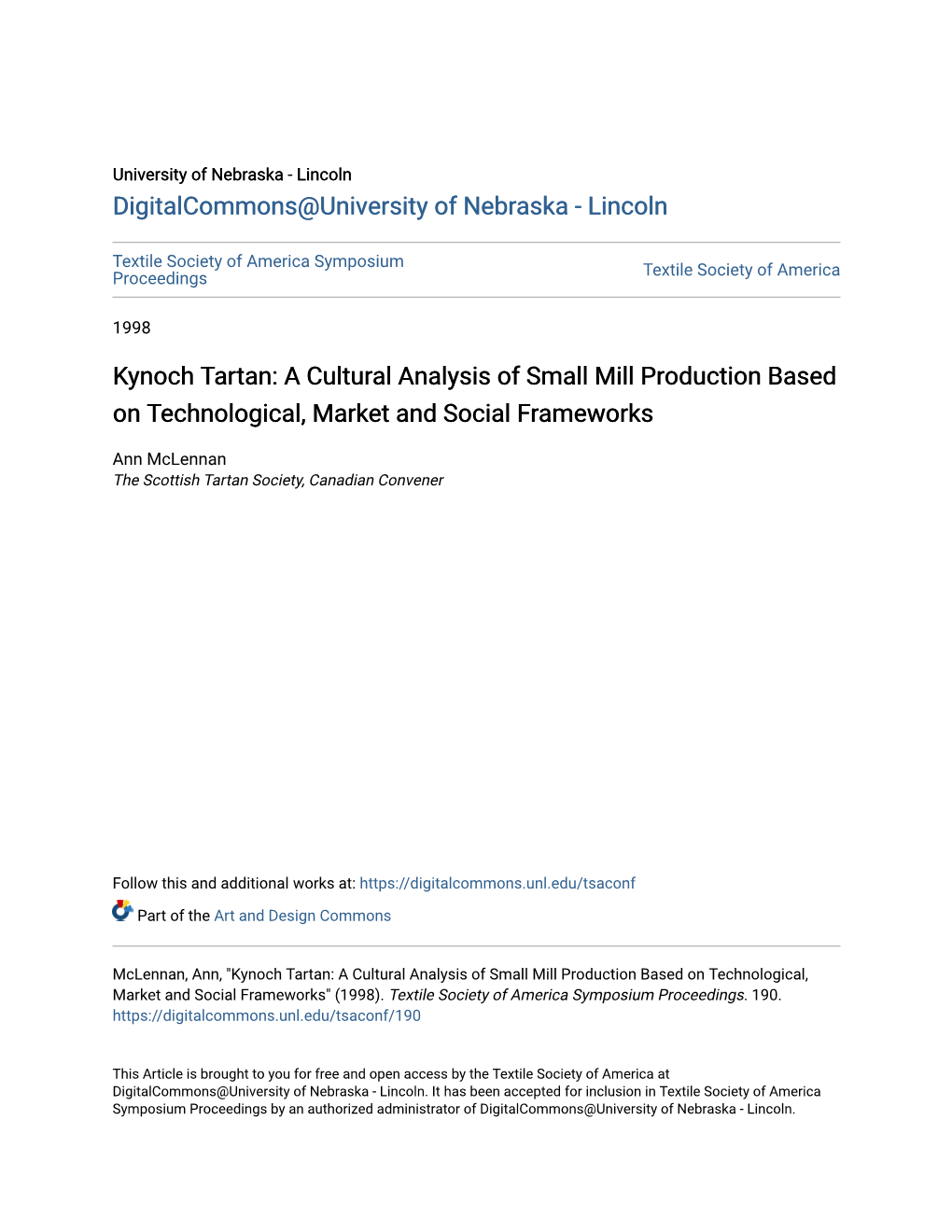 Kynoch Tartan: a Cultural Analysis of Small Mill Production Based on Technological, Market and Social Frameworks