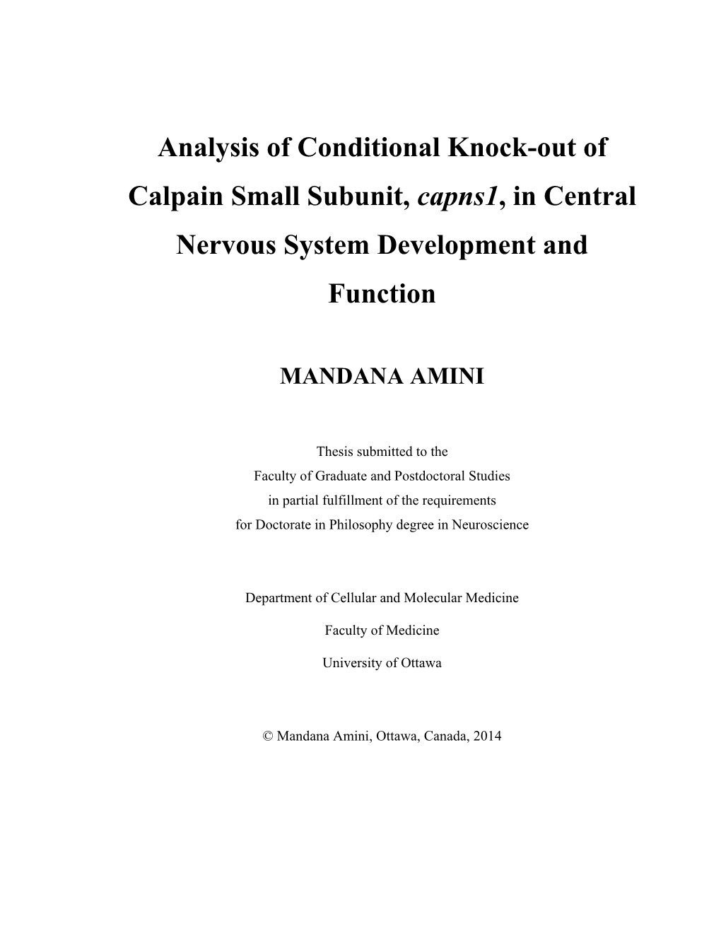 Analysis of Conditional Knock-Out of Calpain Small Subunit, Capns1, in Central Nervous System Development and Function