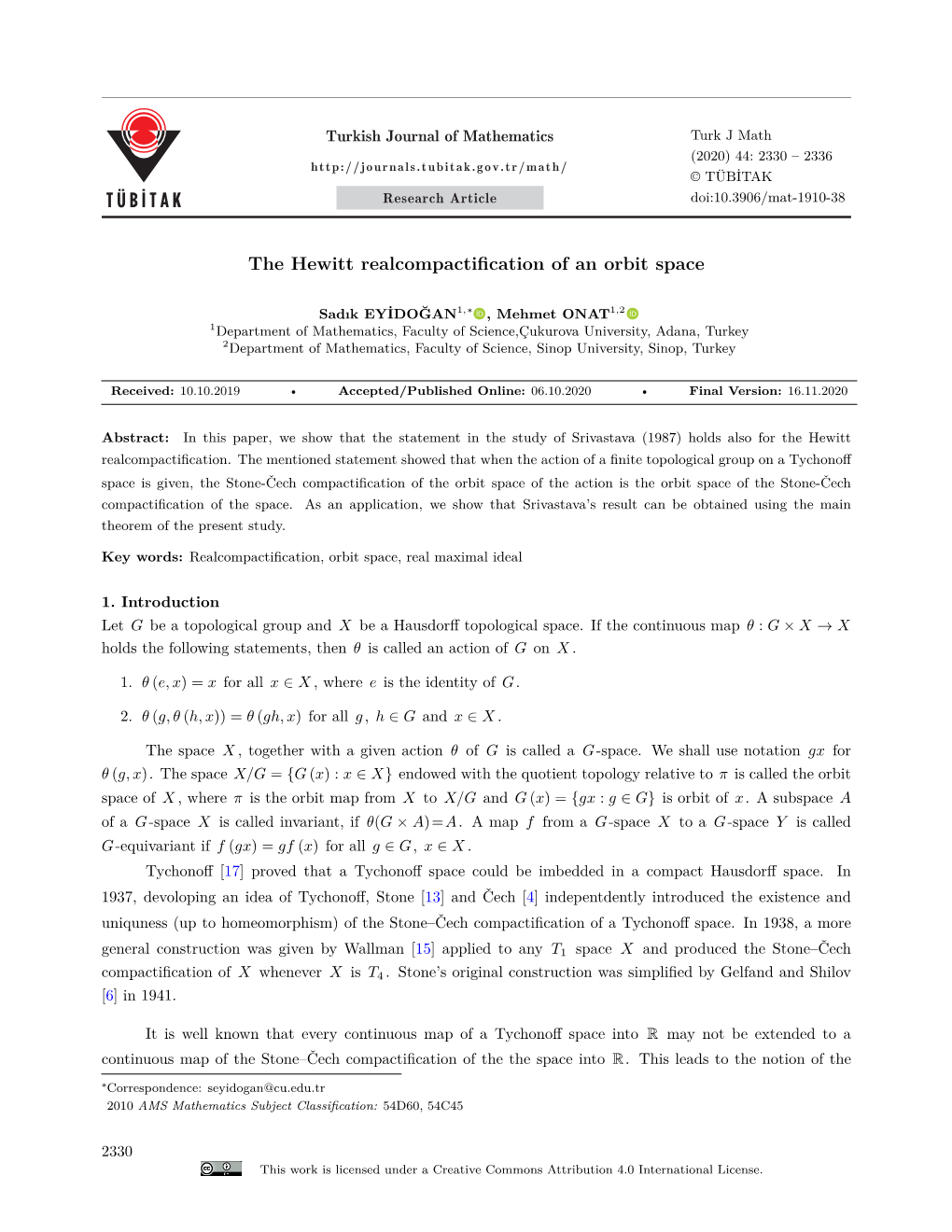 The Hewitt Realcompactification of an Orbit Space