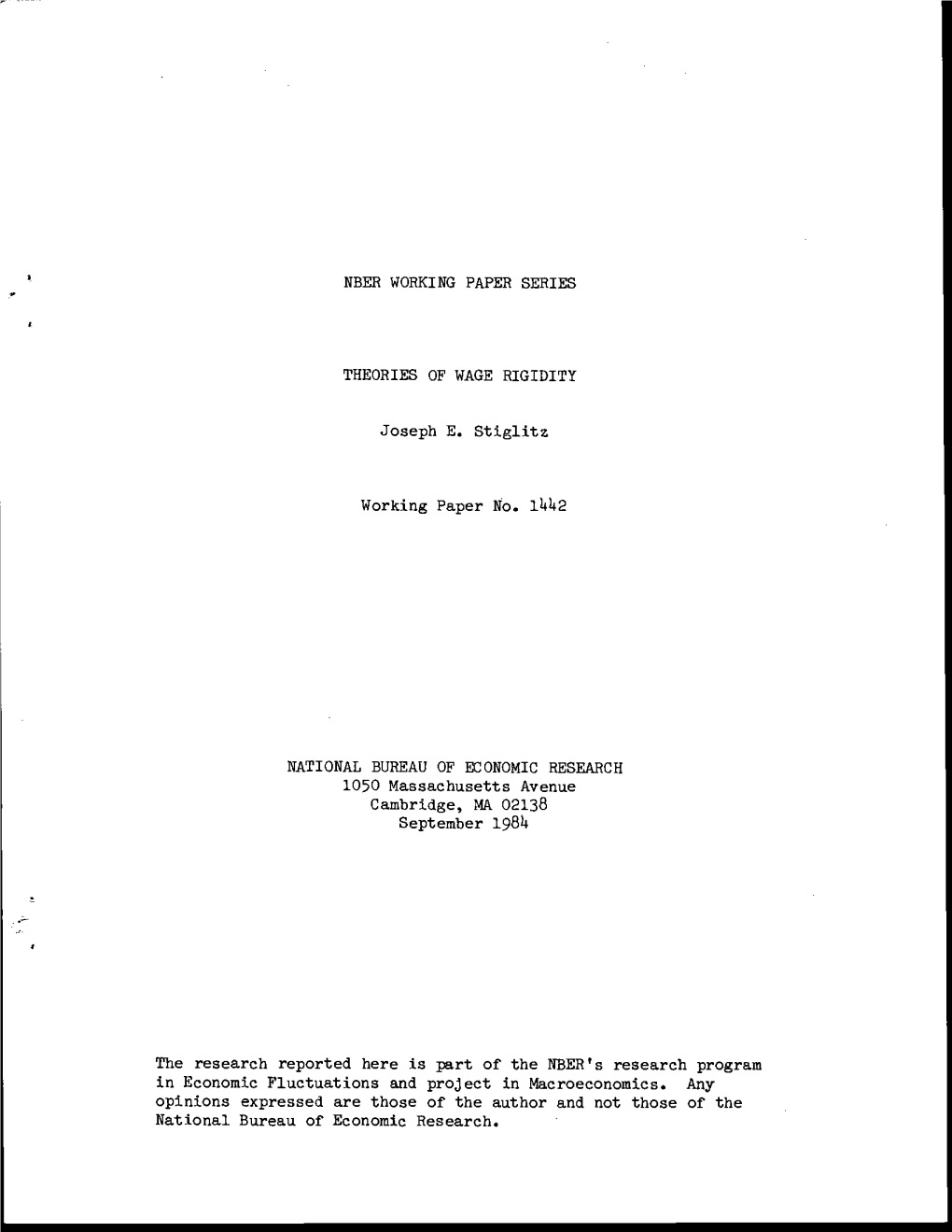 Nber Working Paper Series Theories of Wage Rigidity