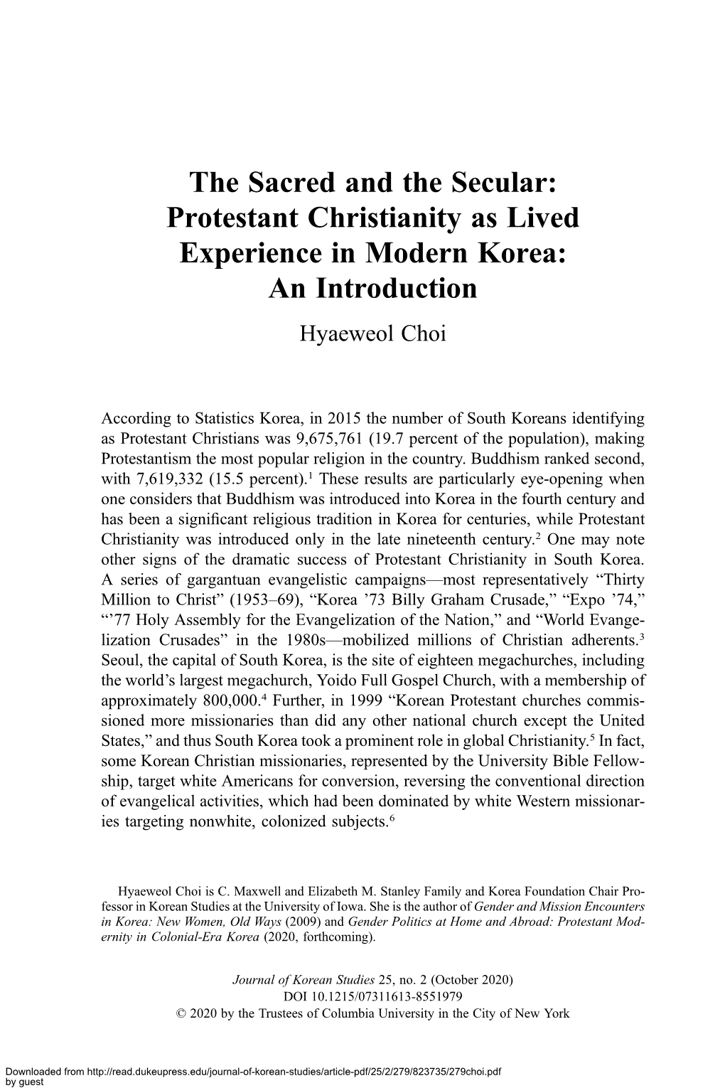 Protestant Christianity As Lived Experience in Modern Korea: an Introduction
