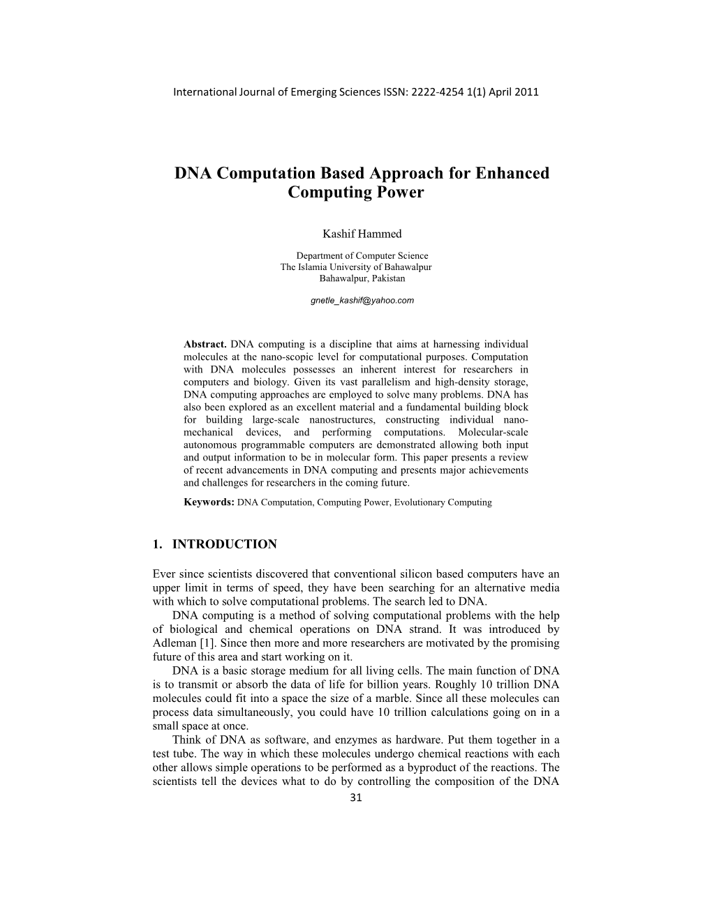 DNA Computation Based Approach for Enhanced Computing Power