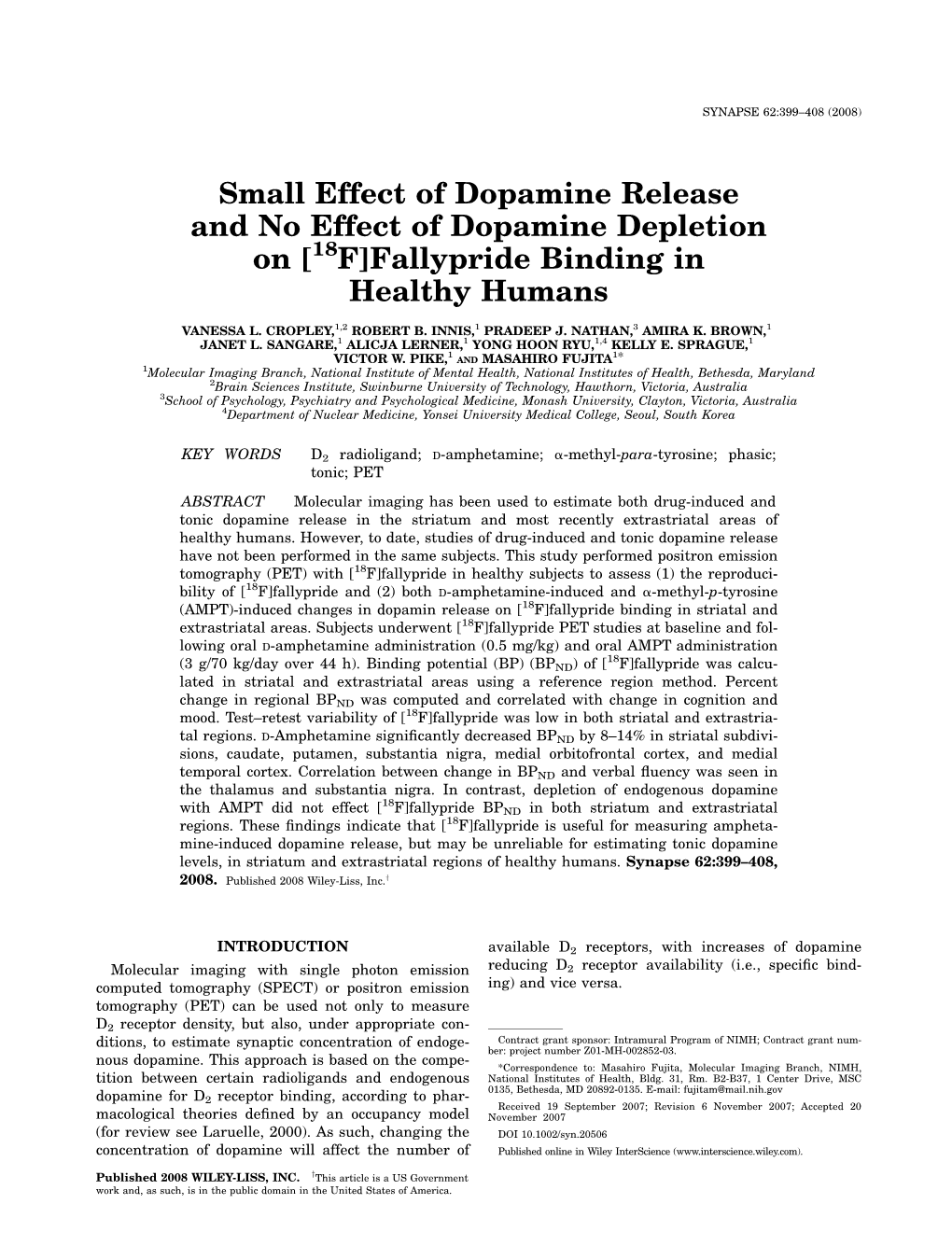 Small Effect of Dopamine Release and No Effect of Dopamine Depletion on [18F]Fallypride Binding in Healthy Humans