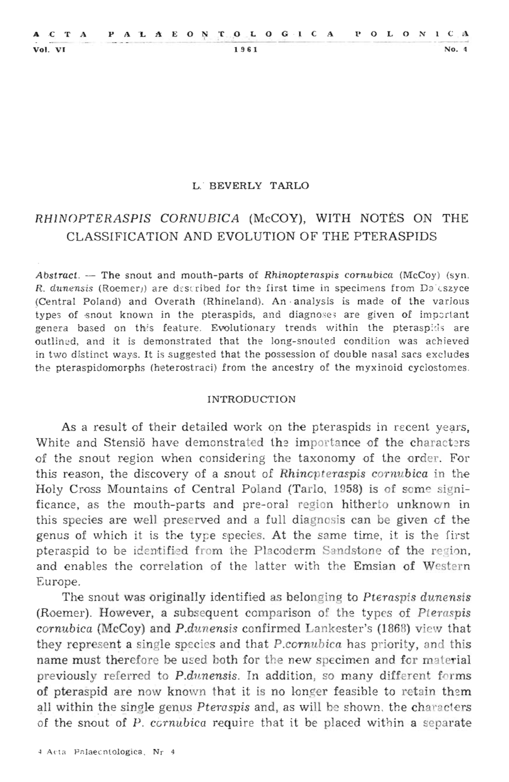 RHINOPTERASPIS CORNUBICA (Mccoy), with NOTES on the CLASSIFICATION and EVOLUTION of the P TERASPIDS