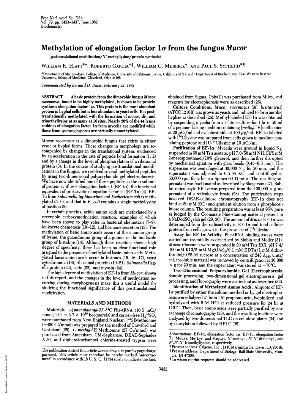 Methylation of Elongation Factor La from the Fungus Mucor (Posttranslational Modification/Nt-Methyllysine/Protein Synthesis) WILLIAM R