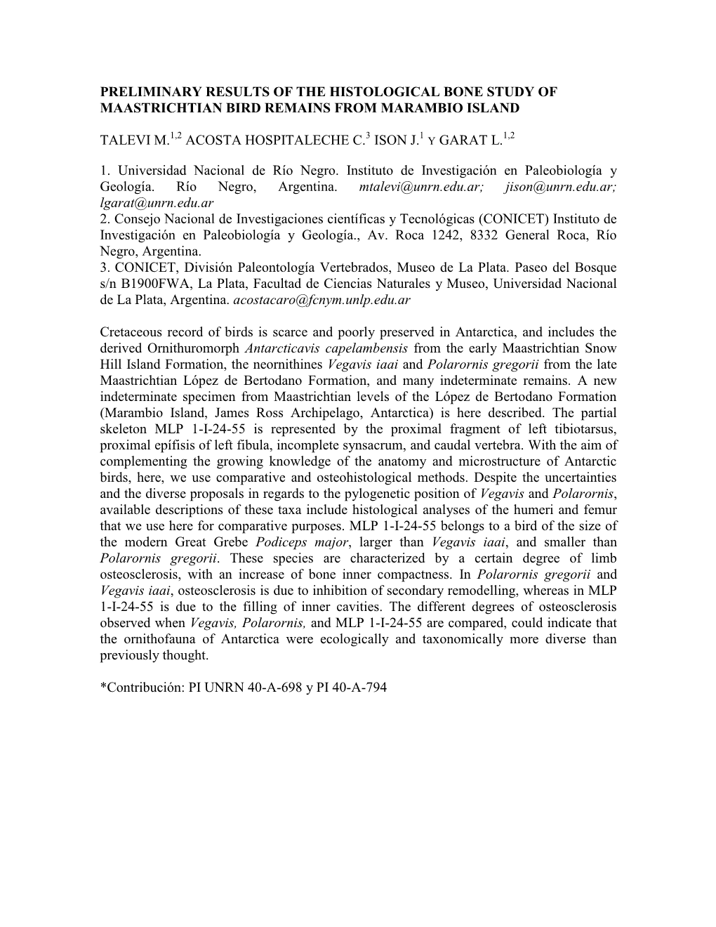 Preliminary Results of the Histological Bone Study of Maastrichtian Bird Remains from Marambio Island