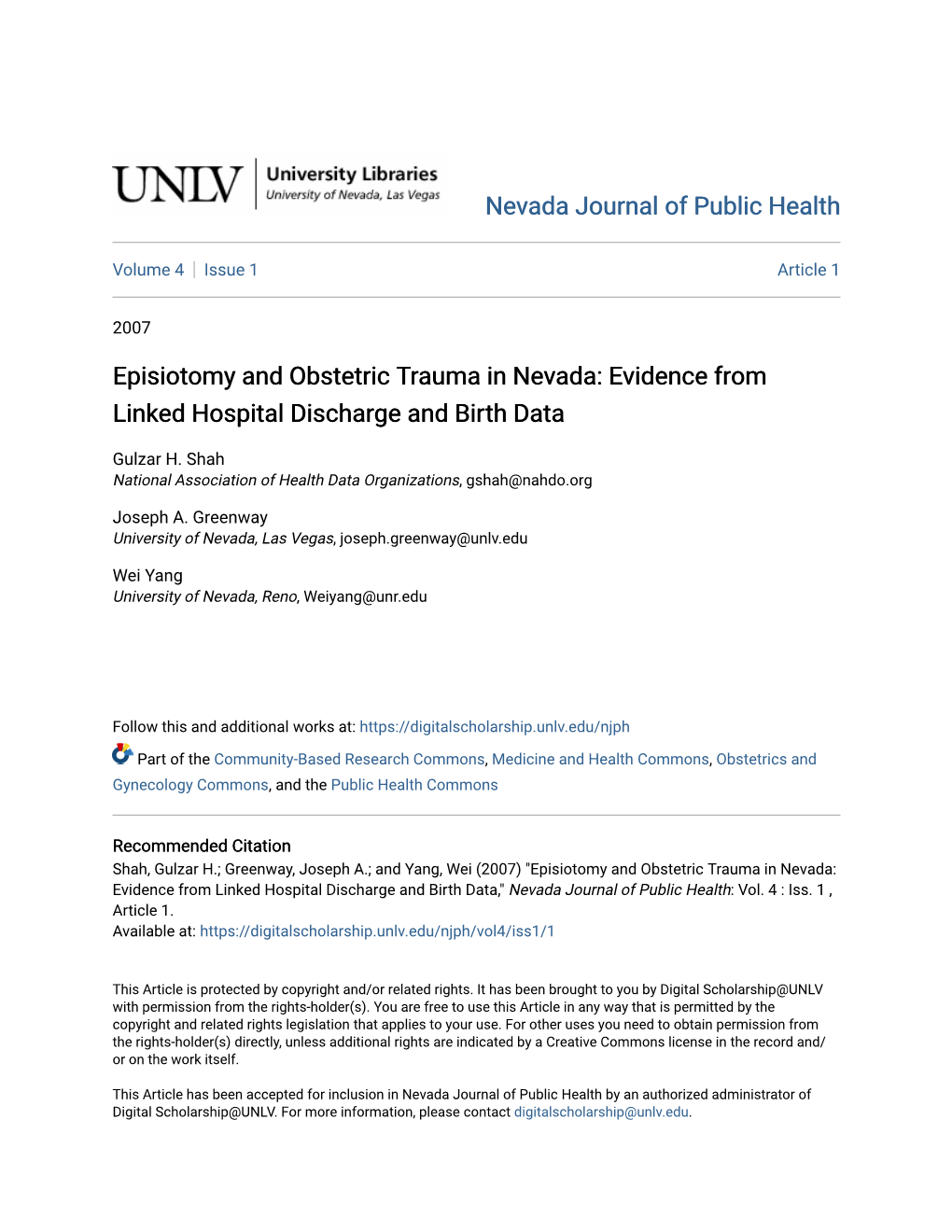 Episiotomy and Obstetric Trauma in Nevada: Evidence from Linked Hospital Discharge and Birth Data