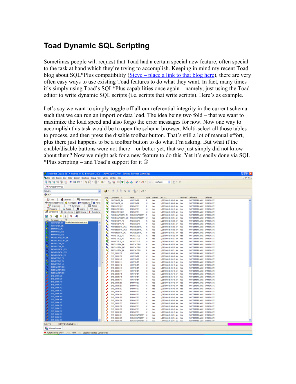 Toad Dynamic SQL Scripting