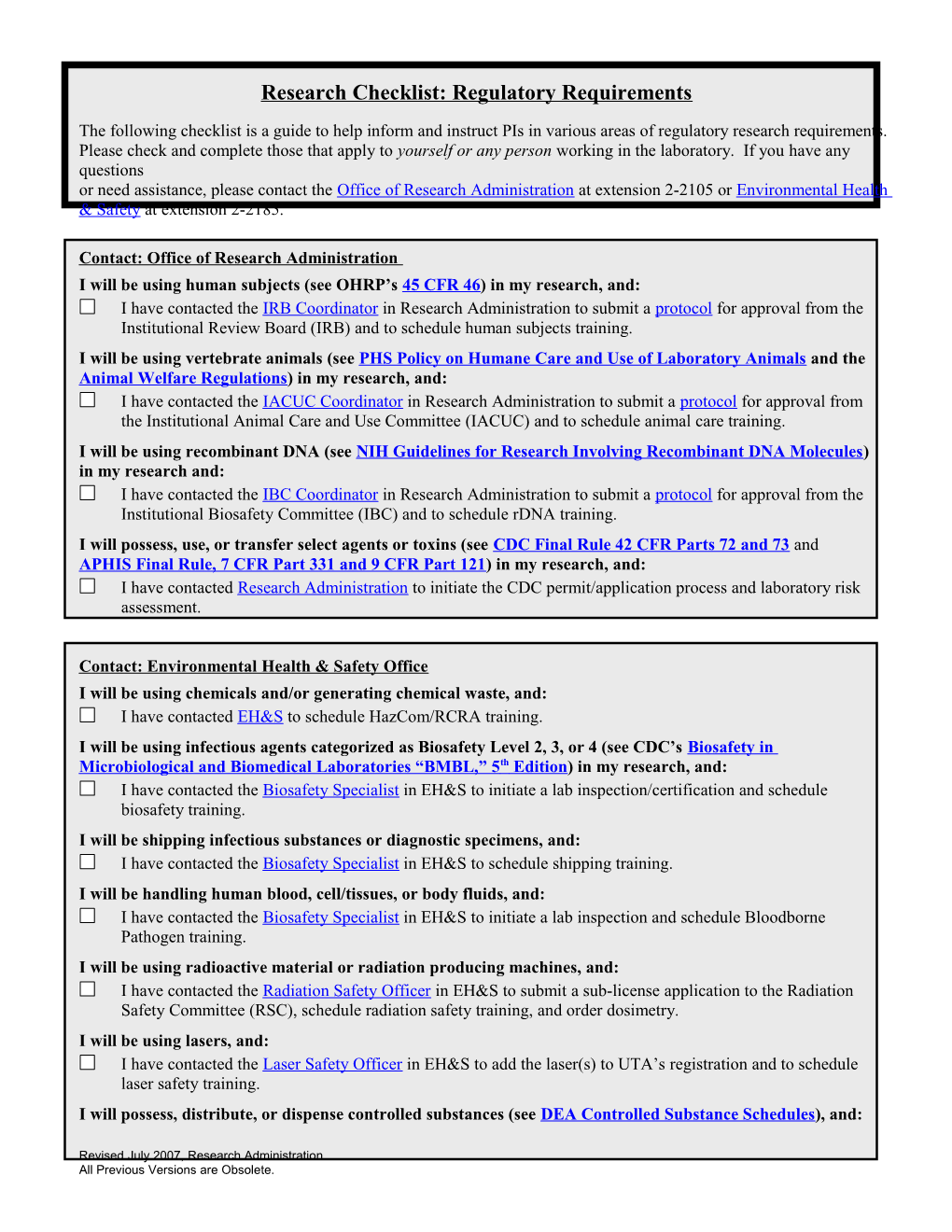 Research Checklist: Regulatory Requirements