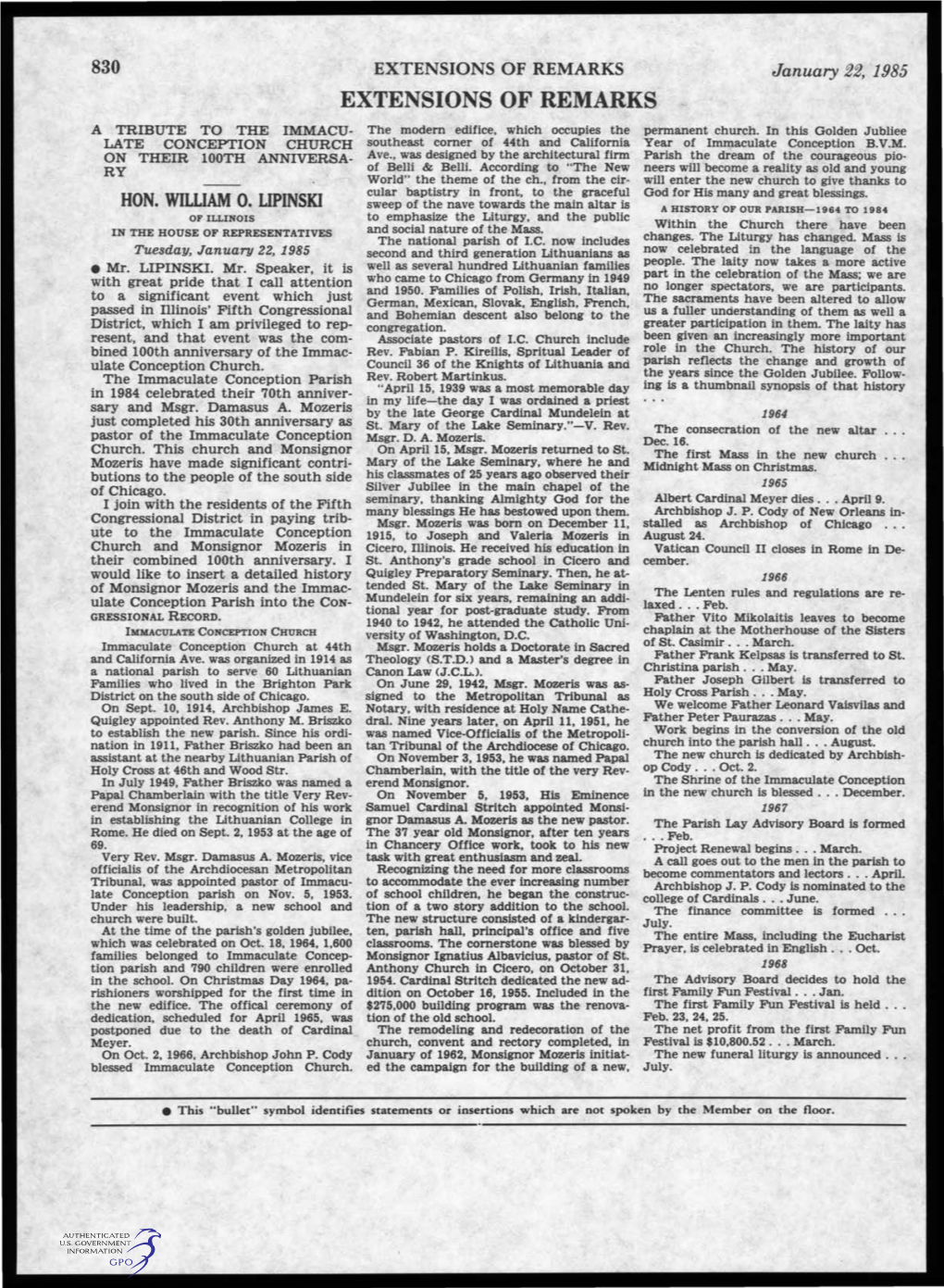 EXTENSIONS of REMARKS January 22, 1985 EXTENSIONS of REMARKS a TRIBUTE to the IMMACU­ the Modern Edifice, Which Occupies the Permanent Church