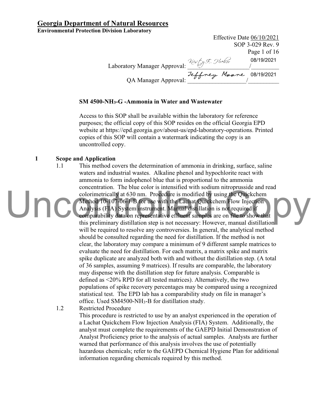 Georgia Department of Natural Resources Environmental Protection Division Laboratory Effective Date 06/10/2021 SOP 3-029 Rev