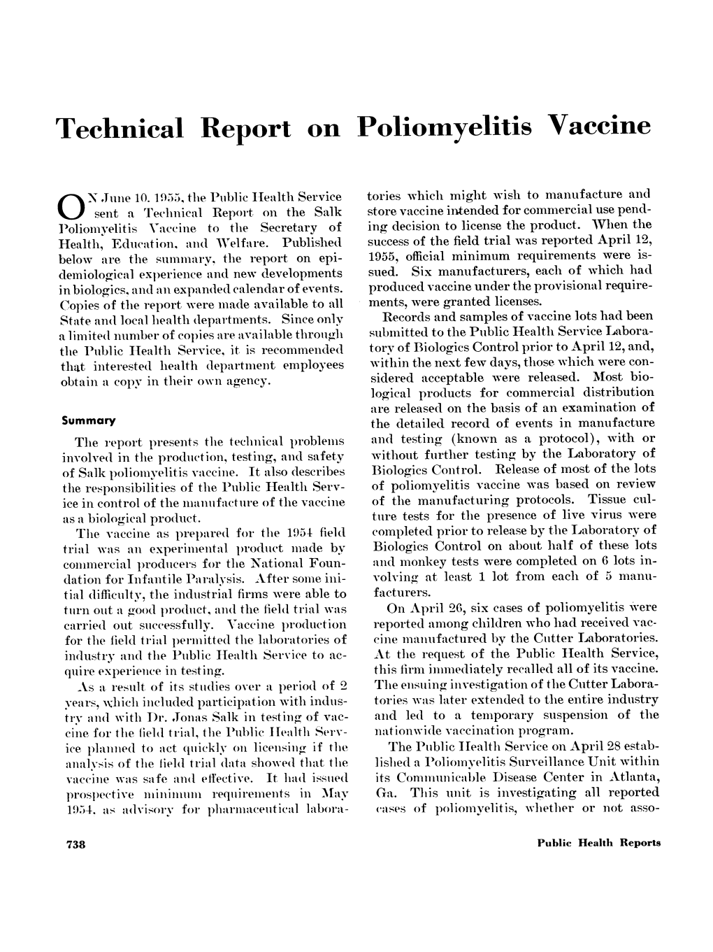 Tecncal Report on Poliomyelitis Vaccine