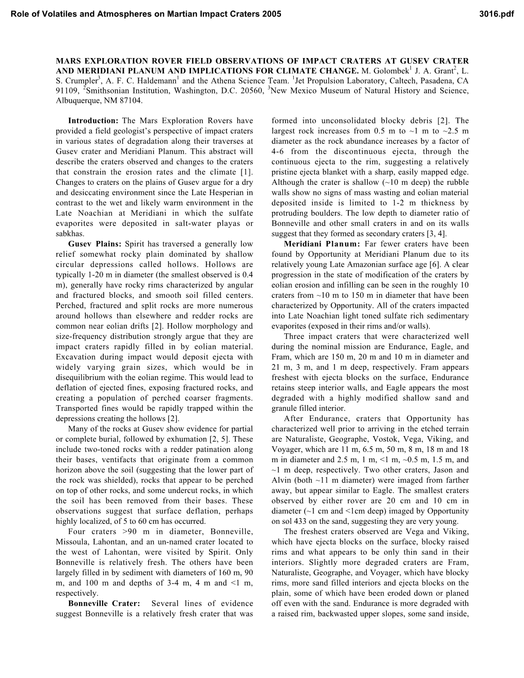 Mars Exploration Rover Field Observations of Impact Craters at Gusev Crater and Meridiani Planum and Implications for Climate Change