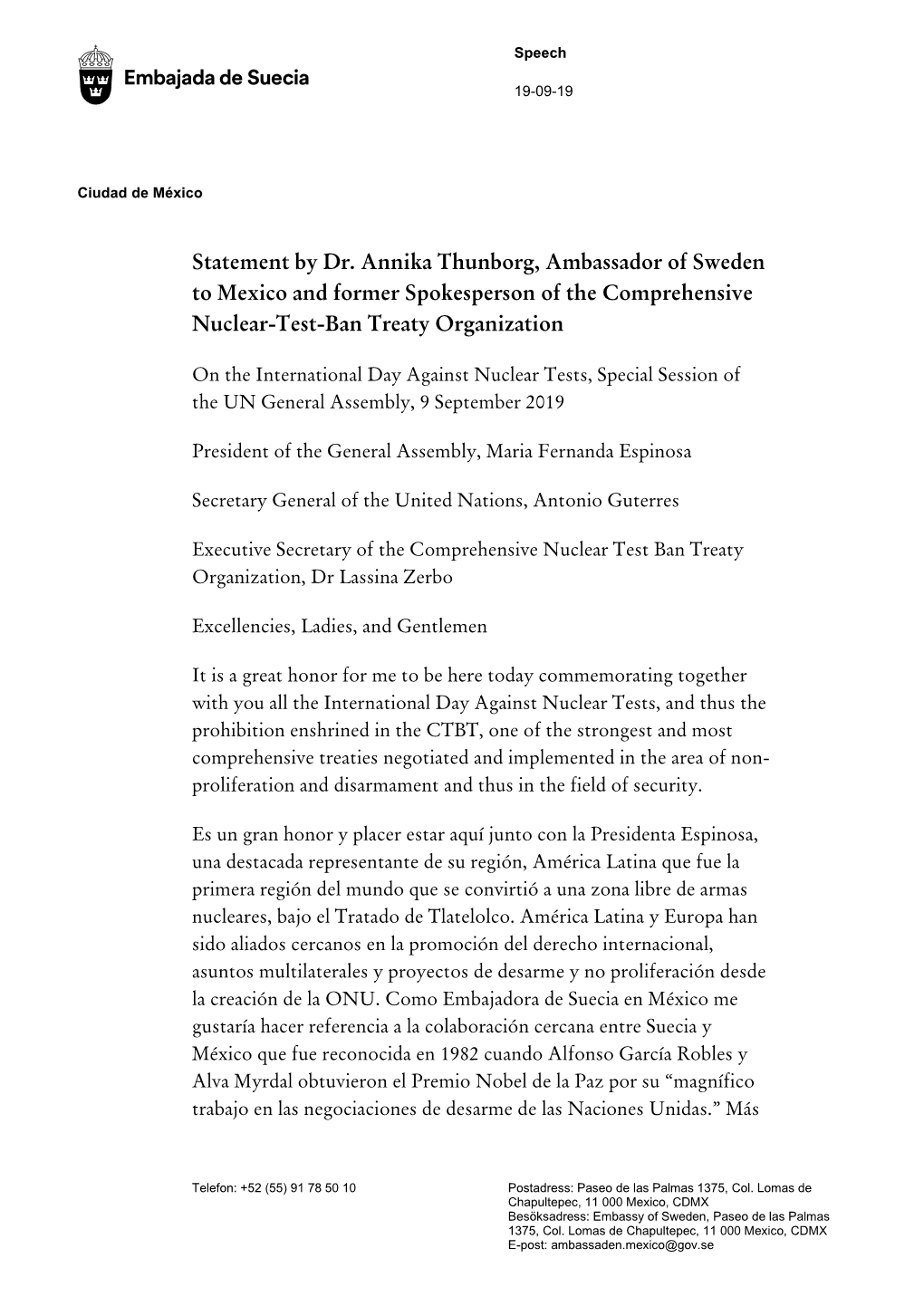 Statement by Dr. Annika Thunborg, Ambassador of Sweden to Mexico and Former Spokesperson of the Comprehensive Nuclear-Test-Ban Treaty Organization