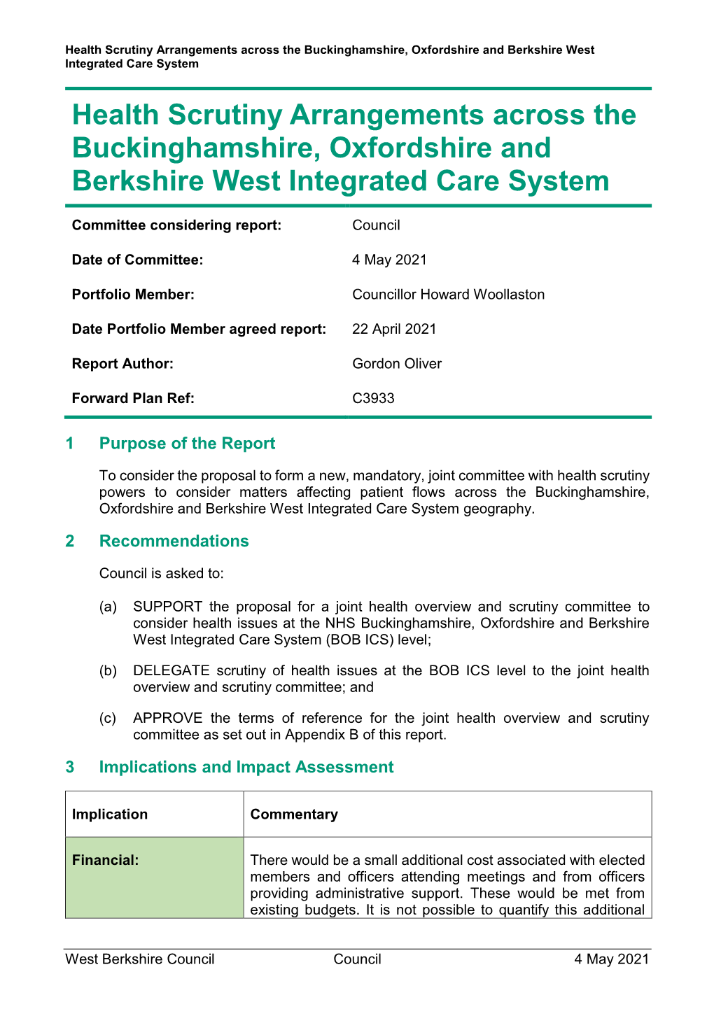 Health Scrutiny Arrangements Across the Buckinghamshire, Oxfordshire and Berkshire West Integrated Care System