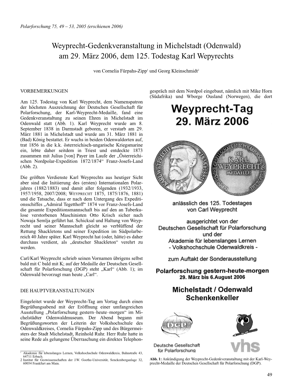Weyprecht-Gedenkveranstaltung in Michelstadt (Odenwald) Am 29. März 2006, Dem 125. Todestag Karl Wepyrechts