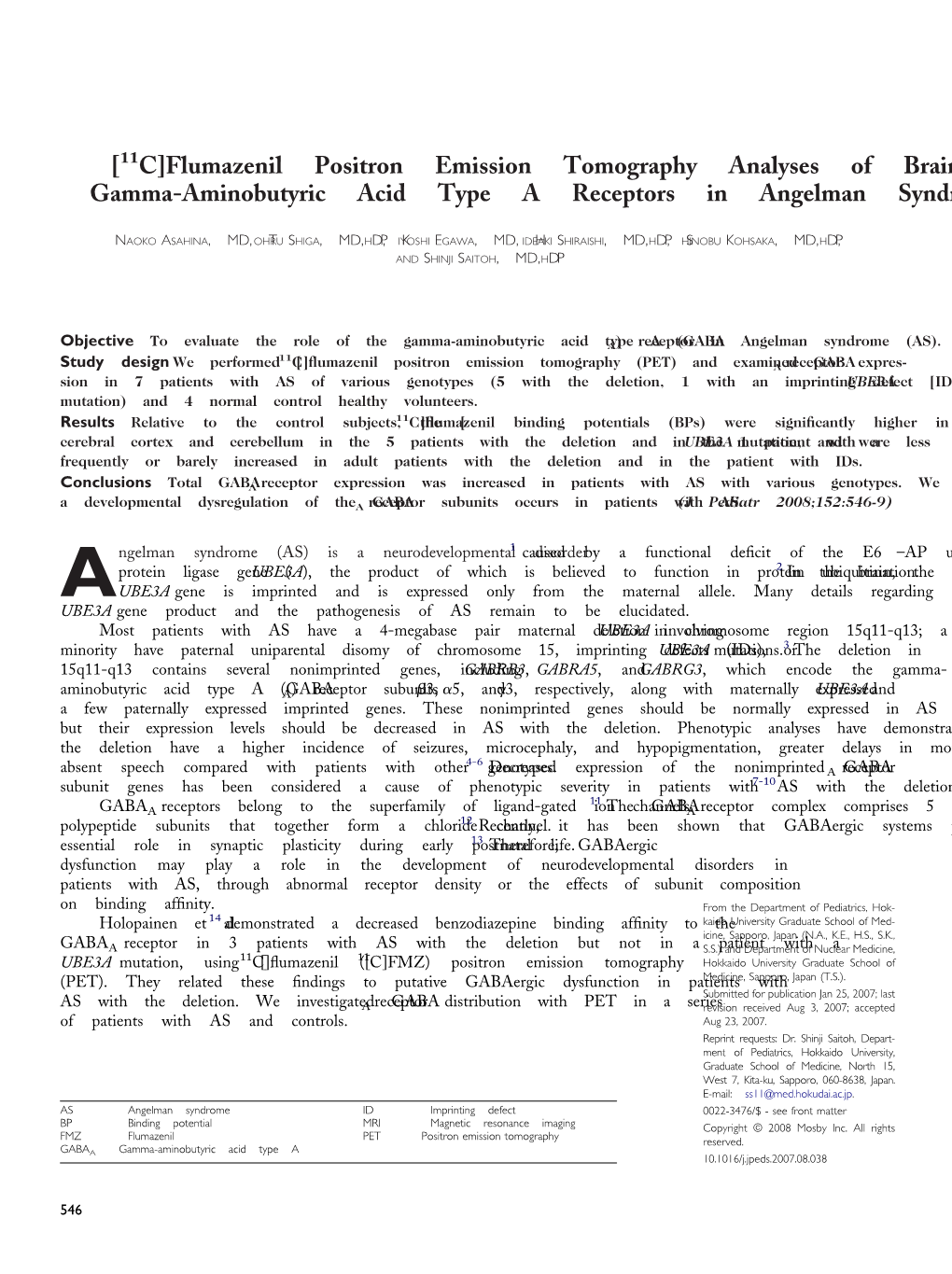 [11C]Flumazenil Positron Emission Tomography Analyses of Brain Gamma-Aminobutyric Acid Type a Receptors in Angelman Syndrome