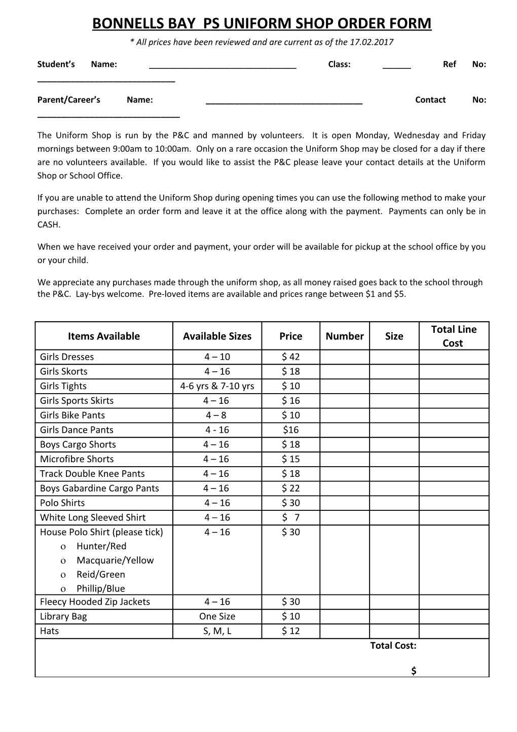 Bonnells Bay Ps Uniform Shop ORDER FORM