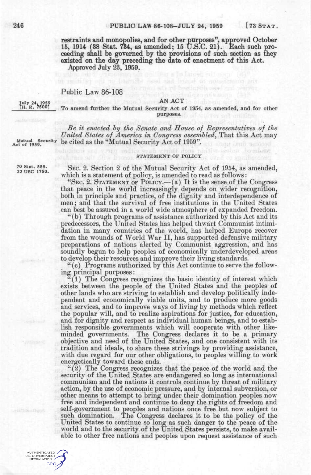 246 PUBLIC LAW 86-108-JULY 24, 1959 Restraints and Monopolies