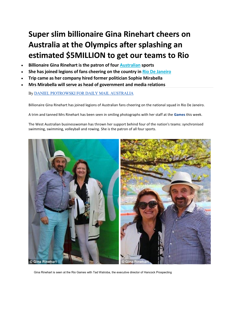 Super Slim Billionaire Gina Rinehart Cheers on Australia at the Olympics After Splashing an Estimated $5MILLION to Get Our Teams