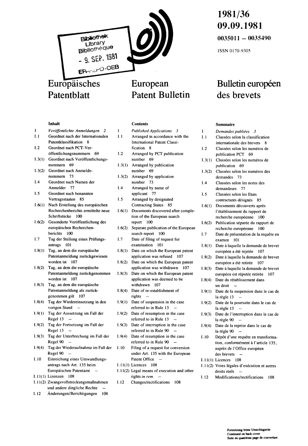 European Patent Bulletin 1981/36