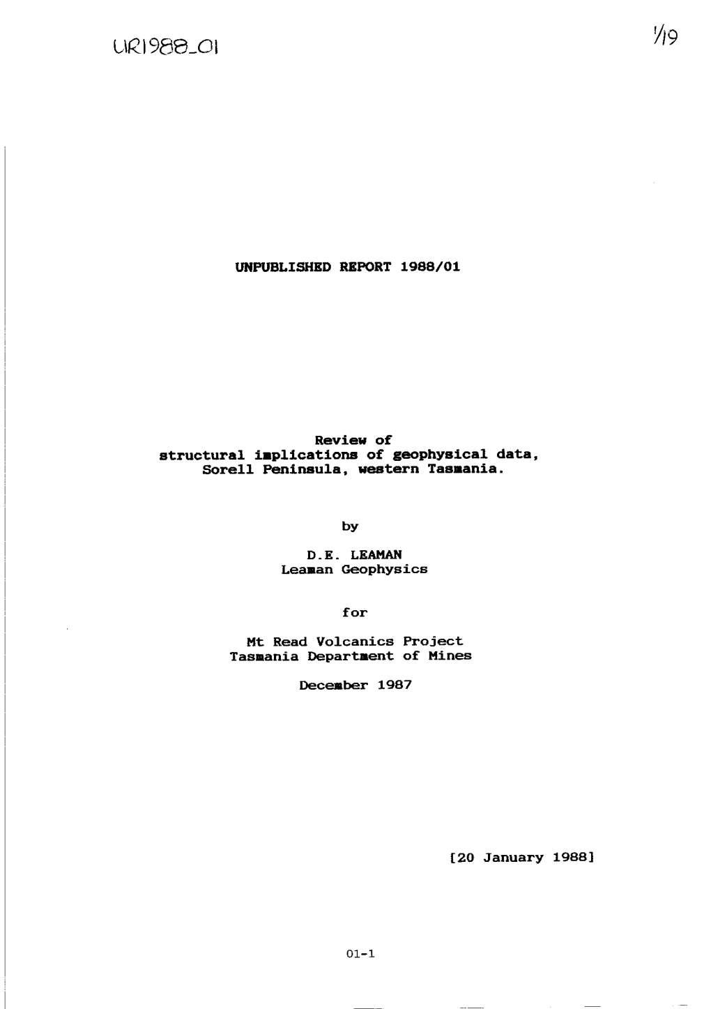 UNPUBLISHED REPORT 1988/01 Review of Structural I.Plications Of