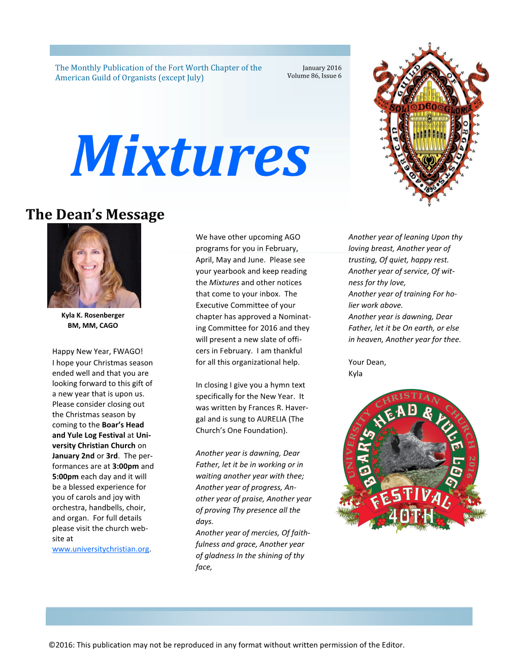 January 2016 American Guild of Organists (Except July) Volume 86, Issue 6 Mixtures