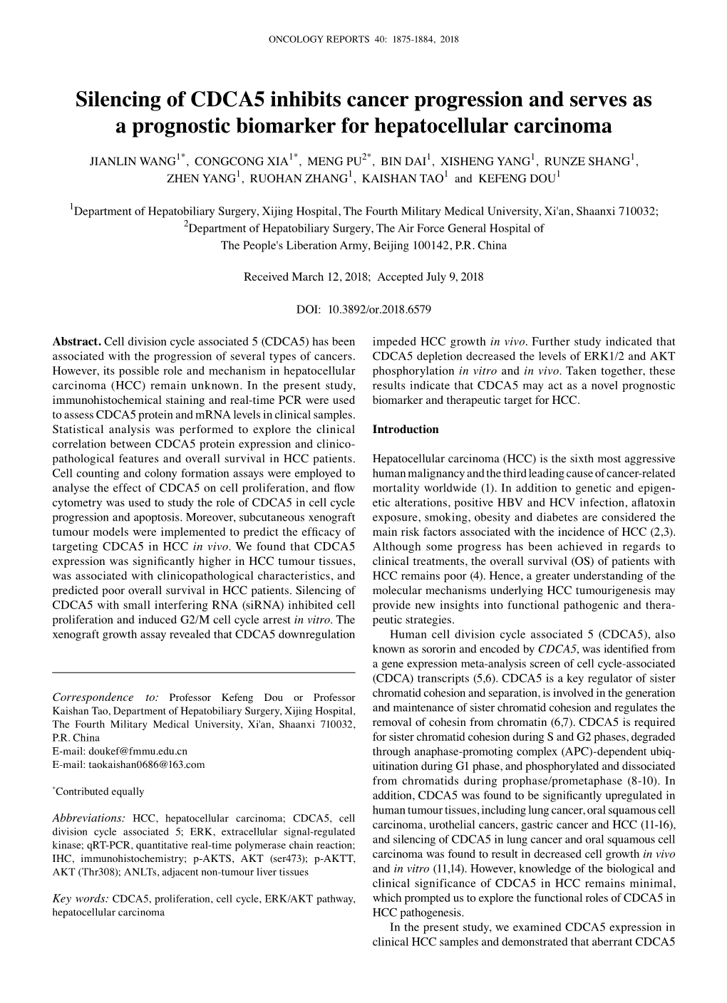 Silencing of CDCA5 Inhibits Cancer Progression and Serves As a Prognostic Biomarker for Hepatocellular Carcinoma