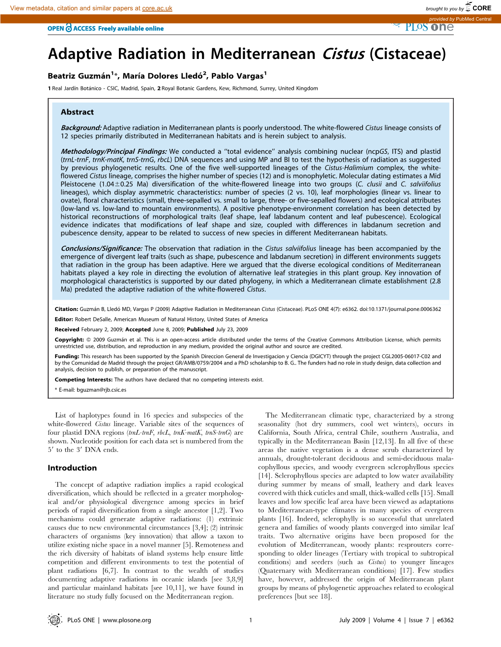 Adaptive Radiation in Mediterranean Cistus (Cistaceae)