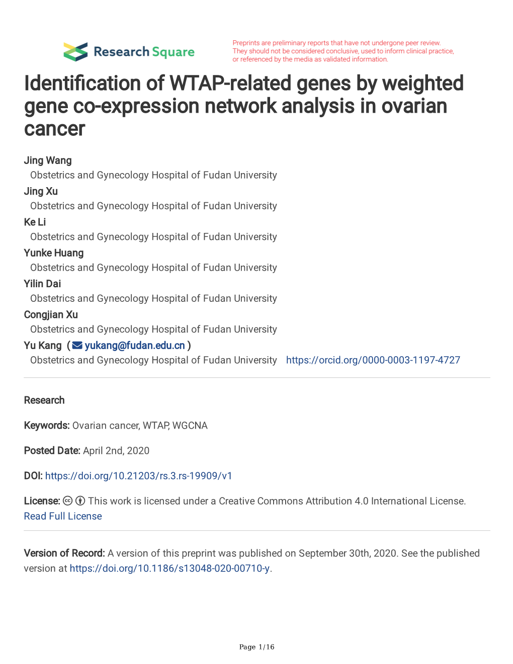 Identification of WTAP-Related Genes by Weighted