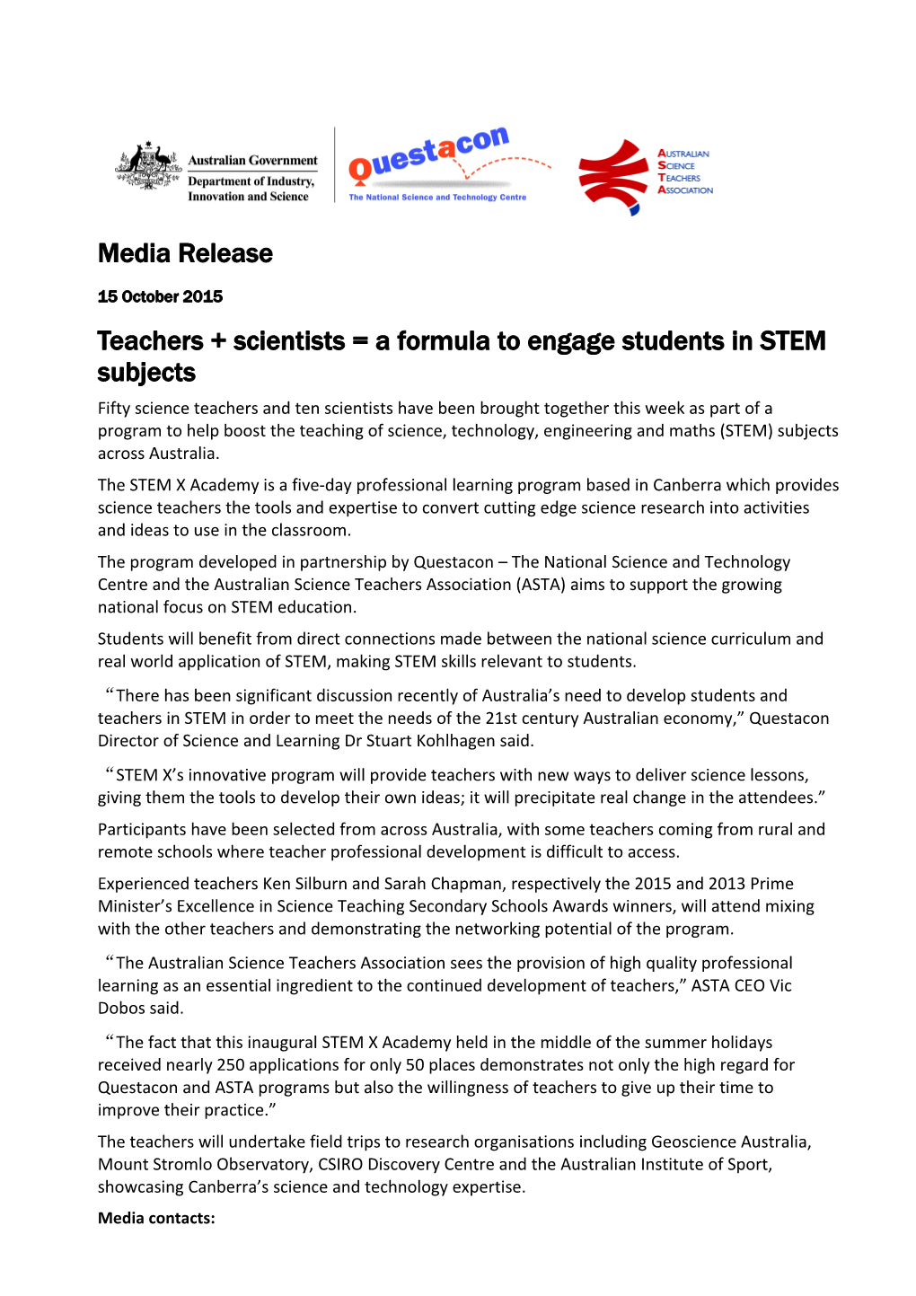 Questacon STEM X Media Release