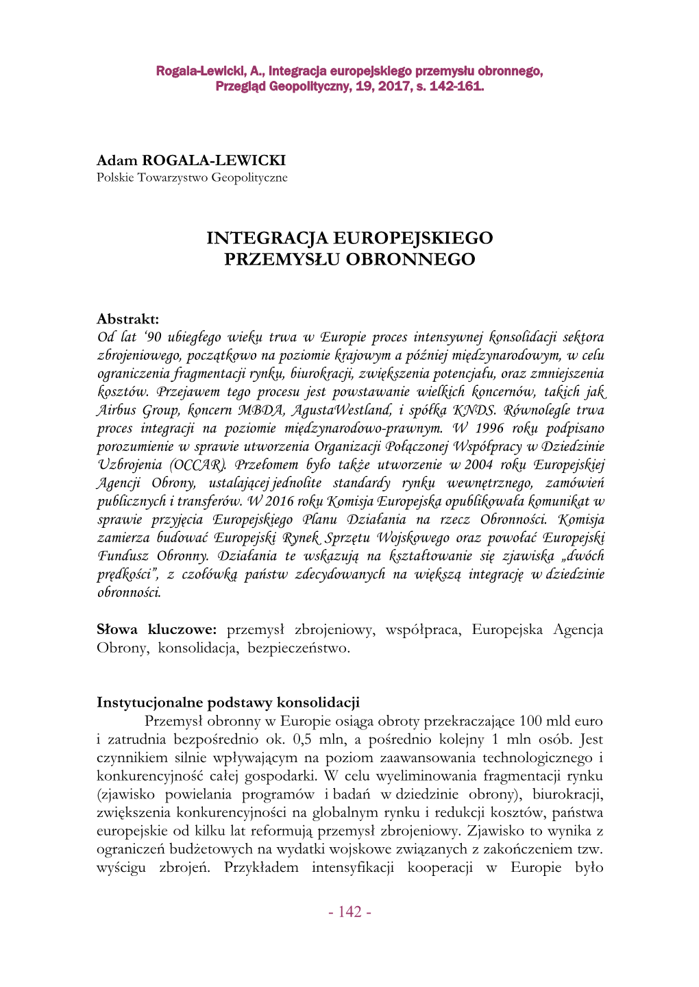 Integracja Europejskiego Przemysłu Obronnego, Przegląd Geopolityczny, 19, 2017, S