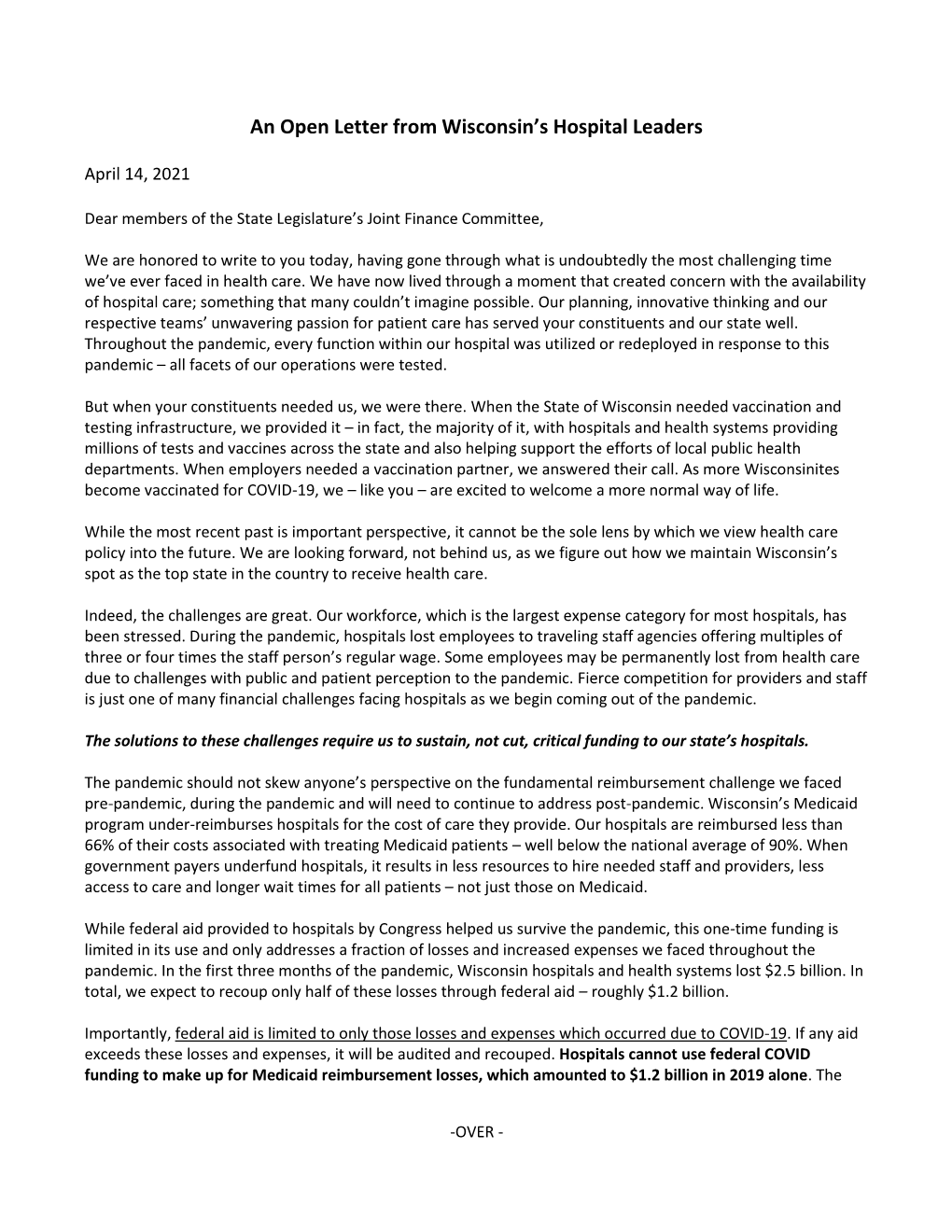 An Open Letter from Wisconsin's Hospital Leaders