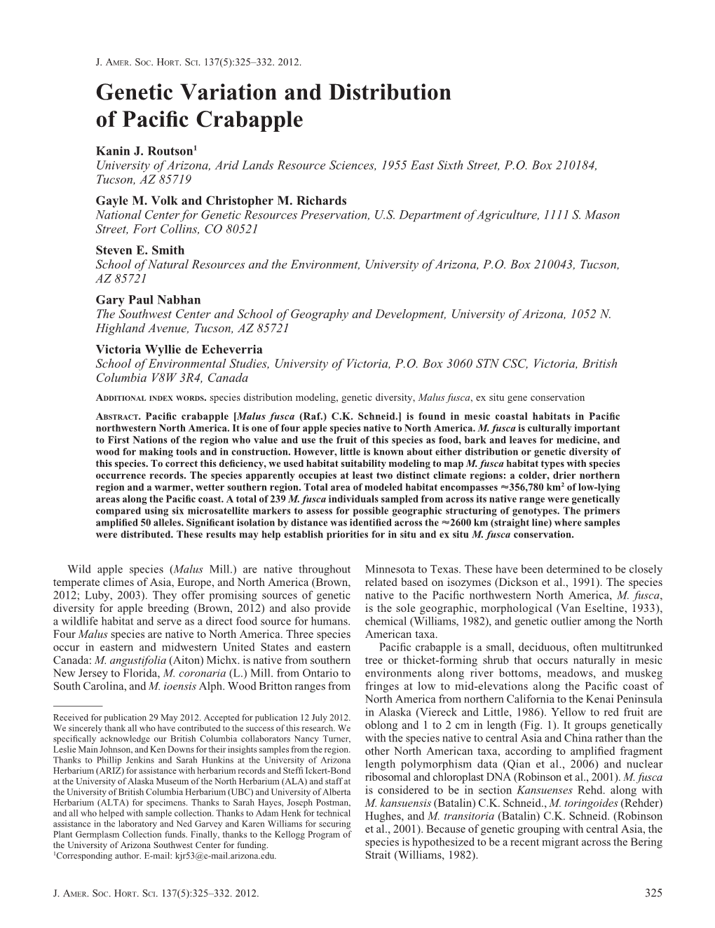 Genetic Variation and Distribution of Pacific Crabapple