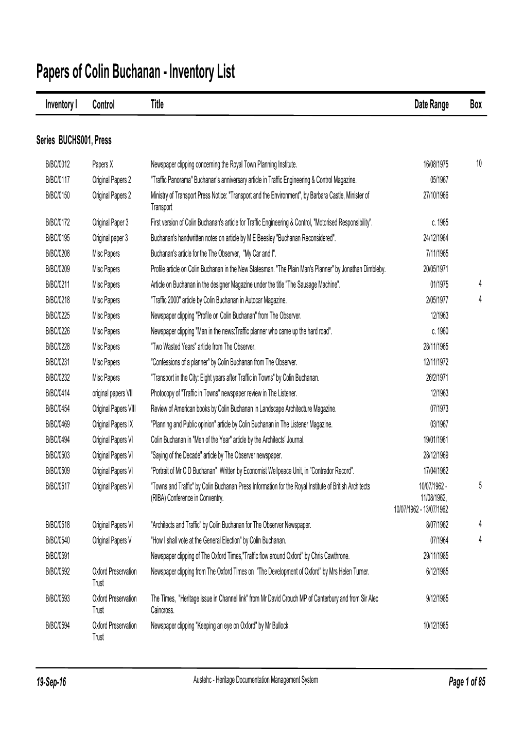 Papers of Colin Buchanan - Inventory List