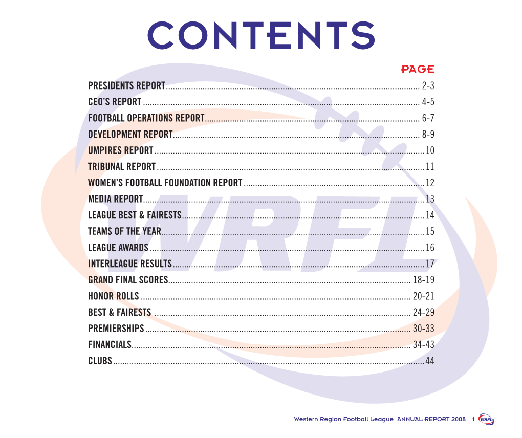 Contents Page Presidents Report