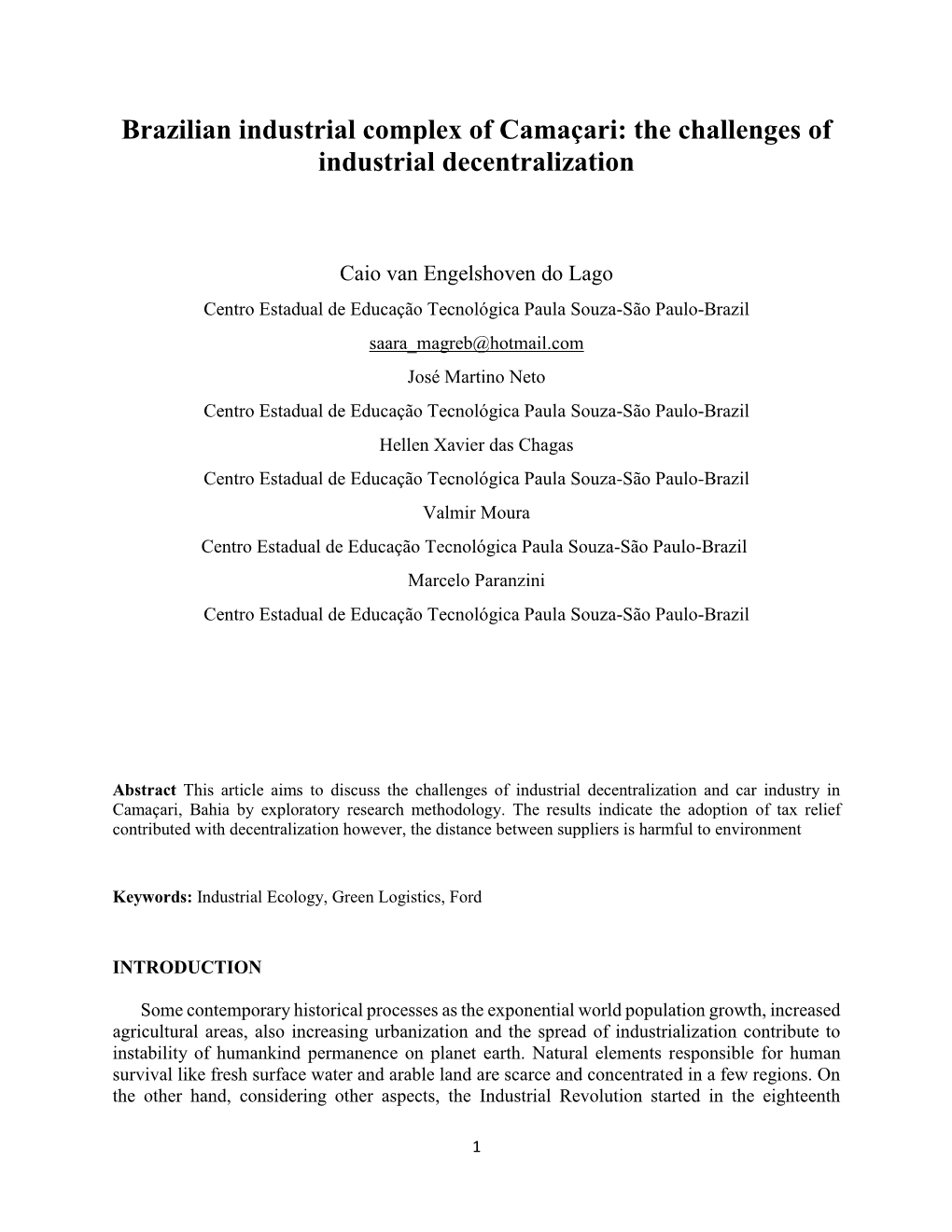 Brazilian Industrial Complex of Camaçari: the Challenges of Industrial Decentralization