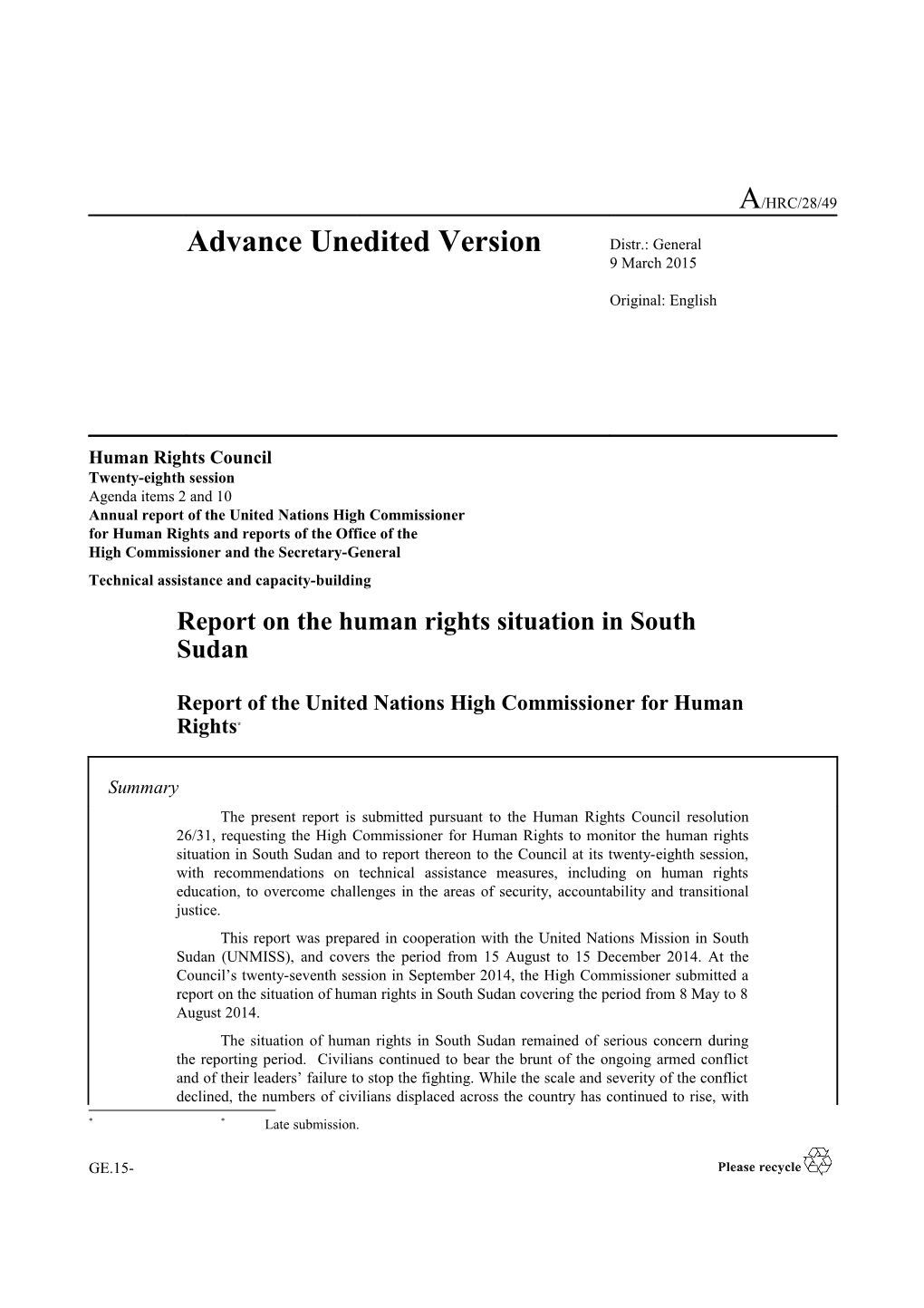 Report of the United Nations High Commissioner for Human Rights on the Situation of Human