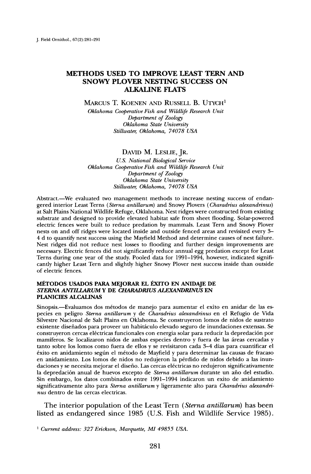 Methods Used to Improve Least Tern and Snowy Plover Nesting Success on Alkaline Flats