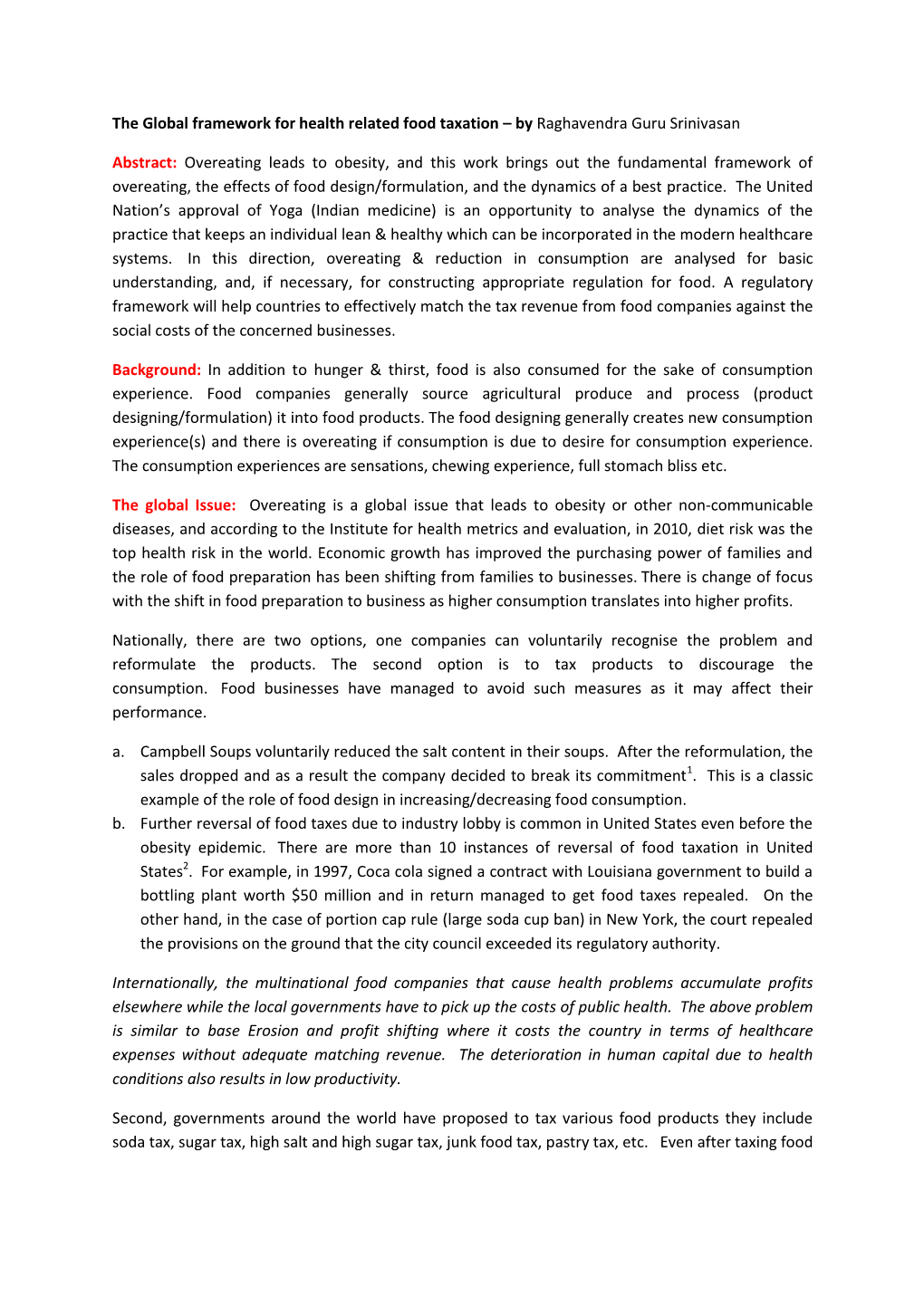 The Global Framework for Health Related Food Taxation – by Raghavendra Guru Srinivasan