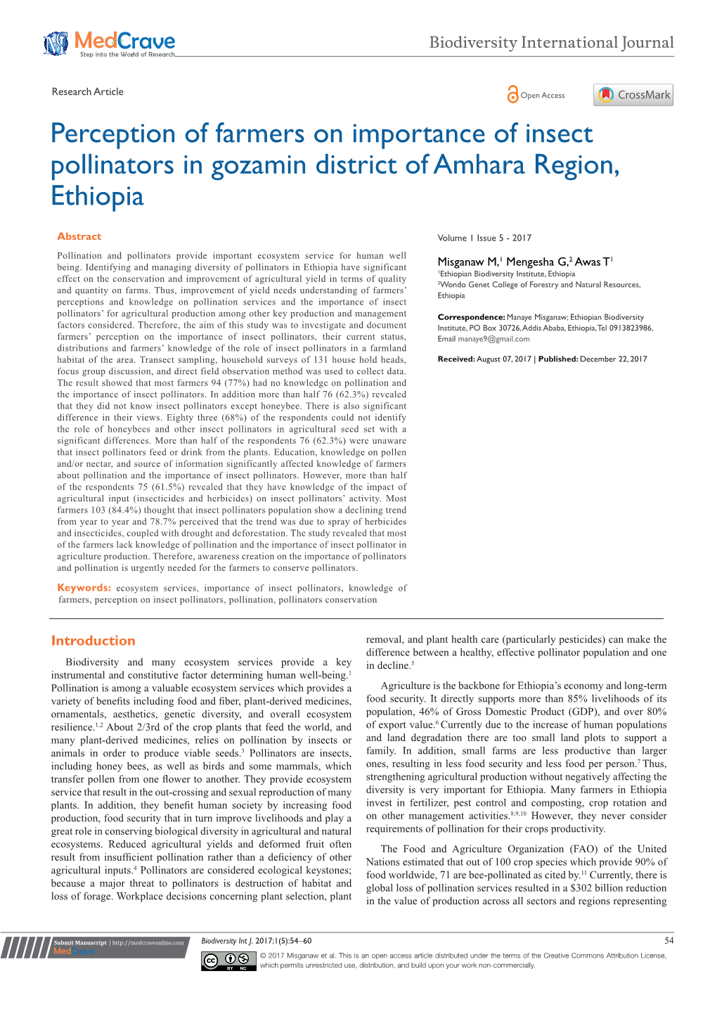 Perception of Farmers on Importance of Insect Pollinators in Gozamin District of Amhara Region, Ethiopia