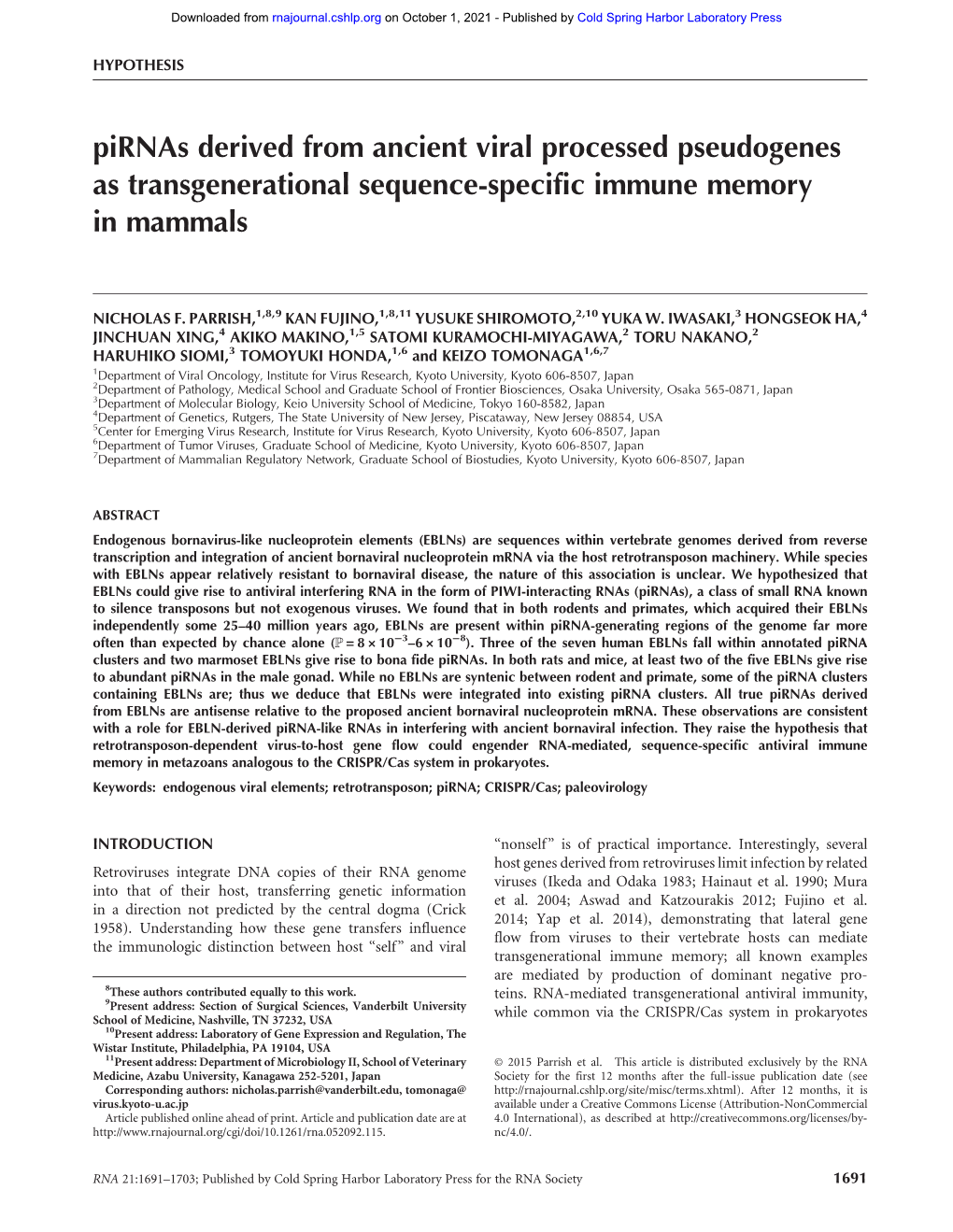 Pirnas Derived from Ancient Viral Processed Pseudogenes As Transgenerational Sequence-Specific Immune Memory in Mammals