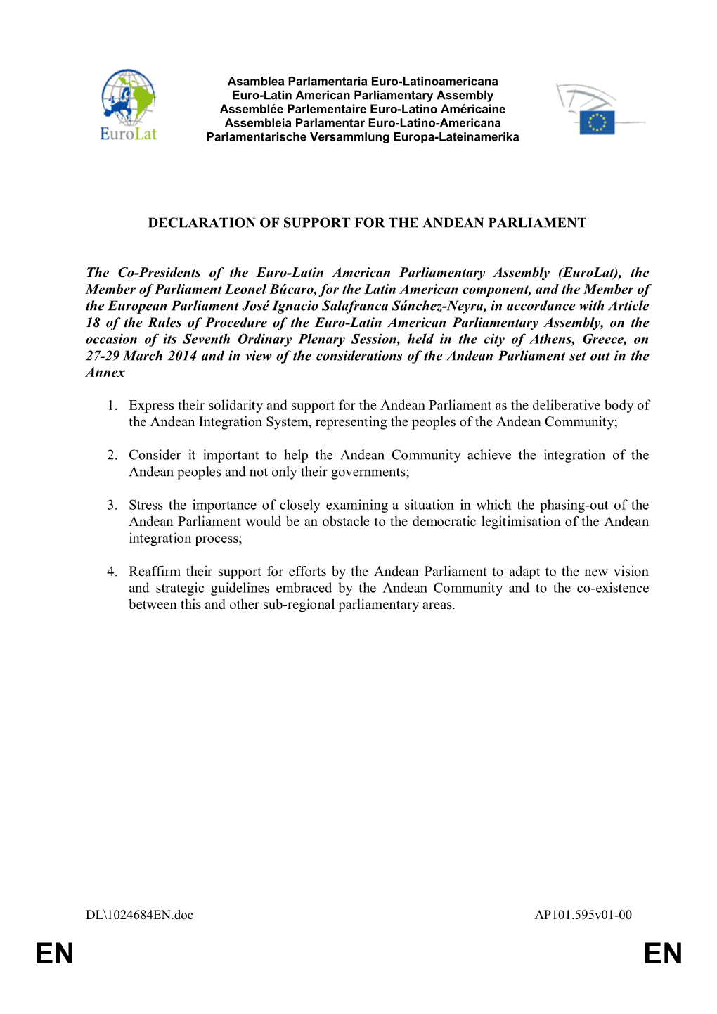 Declaration of Support for the Andean Parliament